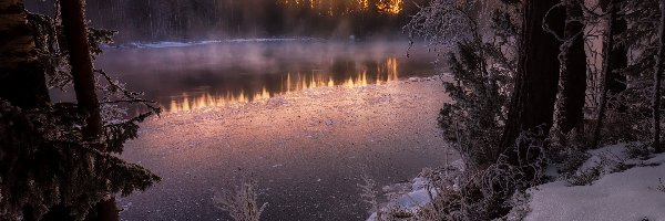 Lód, Zima, Finlandia, Kapeenkoski, Śnieg, Mgła, Jezioro, Wschód słońca