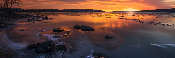 Norwegia, Zachód słońca, Zima, Chmury, Jezioro Tyrifjorden, Buskerud, Drzewo