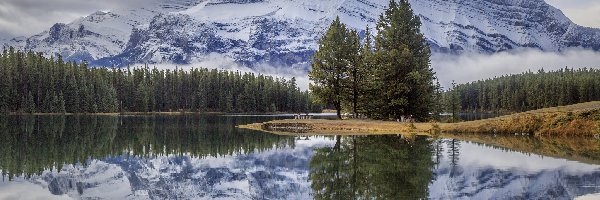 Park Narodowy Banff, Two Jack Lake, Kanada, Góra Mount Rundle, Las, Odbicie, Góry, Jezioro, Drzewa, Alberta