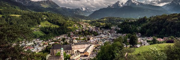 Góry, Bawaria, Chmury, Domy, Berchtesgaden, Alpy Bawarskie, Lasy, Niemcy