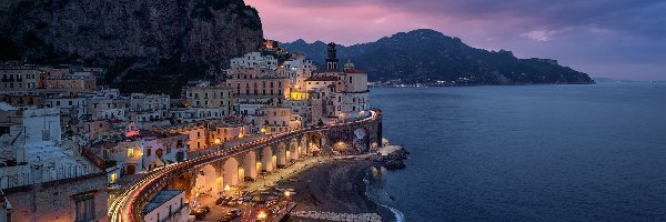 Światła, Morze, Góry, Amalfi, Włochy, Domy, Wybrzeże