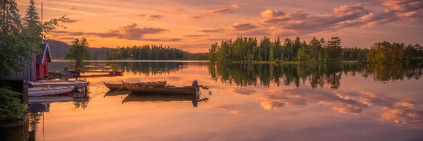 Łódki, Jezioro, Las, Zachód słońca, Ringerike, Norwegia