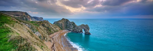 Wybrzeże Jurajskie, Hrabstwo Dorset, Chmury, Durdle Door, Morze, Skała, Łuk wapienny, Anglia