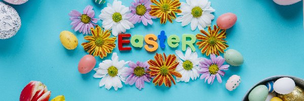 Easter, Tulipany, Tło, Napis, Pisanki, Wiaderko, Kwiatki, Kwiaty, Kolorowe, Niebieskie