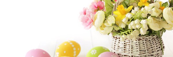 Wielkanoc, Jajka, Kolorowe, Kwiaty, Koszyk