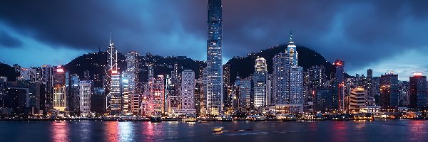 Hongkong, Góry, Miasto nocą, Chiny, Wieżowce, Oświetlone