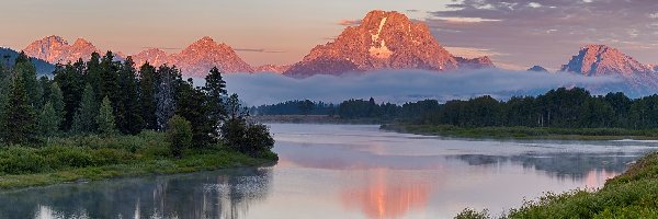 Jesień, Góra Mount Moran, Stany Zjednoczone, Stan Wyoming, Rzeka Snake River, Drzewa, Góry, Park Narodowy Grand Teton