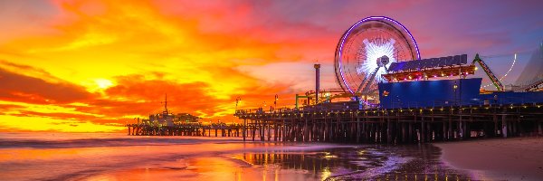 Zachód słońca, Santa Monica, Pacific Park, Kalifornia, Stany Zjednoczone, Molo, Morze
