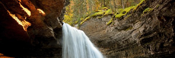 Wodospad, Johnston Creek, Park Narodowy Banff, Alberta, Kanada, Las, Skała, Rzeka, Upper and Lower Falls