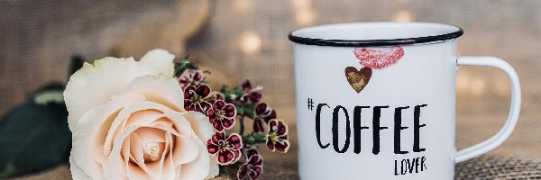 Napis, Róża, Garnuszek, Coffee lover, Kwiaty, Kawa
