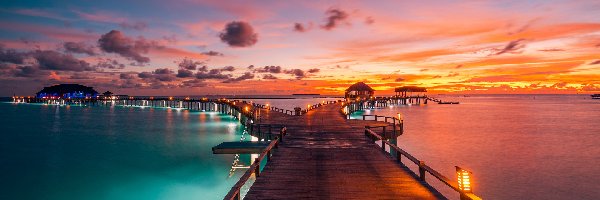 Morze, Pomosty, Zachód słońca, Malediwy, Domki