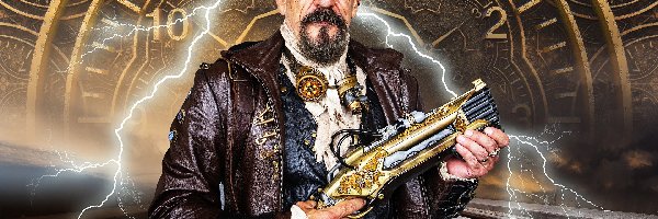 Broda, Pistolet, Steampunk, Zegar, Kapelusz, Błyskawica, Ręce, Mężczyzna