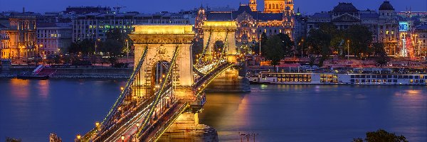 Oświetlenie, Noc, Rzeka, Budapeszt, Węgry, Most łańcuchowy, Dunaj