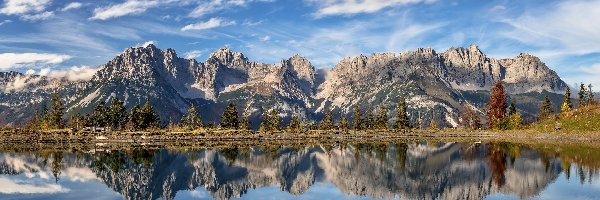 Hintersteinersee, Kaisergebirge, Austria, Tyrol, Jezioro, Drzewa, Odbicie, Góry
