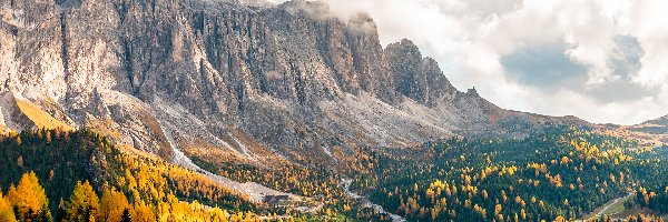 Lasy, Dolomity, Góry, Drogi, Passo Gardena, Południowy Tyrol, Alpy, Przełęcz, Drzewa, Włochy, Kolorowe, Jesień