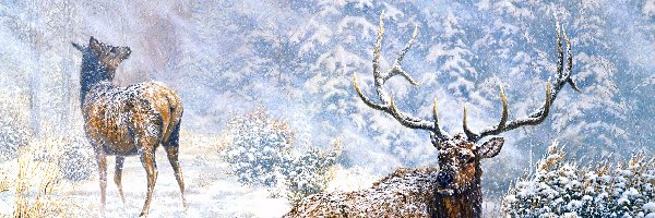 Las, Obraz, Jelenie, Zima, Jorge Mayol, Drzewa, Śnieg, Malarstwo