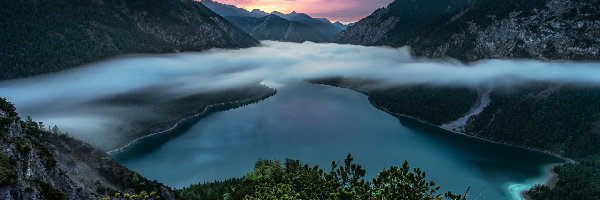 Jezioro, Zachód słońca, Mgła, Góry