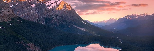 Canadian Rockies, Góry, Jezioro, Park Narodowy Banff, Kanada, Odbicie, Chmury, Peyto Lake, Lasy