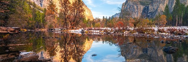Śnieg, Góra El Capitan, Stany Zjednoczone, Merced River, Drzewa, Odbicie, Rzeka, Park Narodowy Yosemite, Jesień, Stan Kalifornia