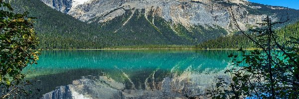 Park Narodowy Yoho, Emerald Lake, Drzewa, Jezioro, Góry, Kanada, Odbicie