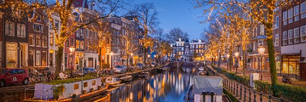 Łódki, Domy, Holandia, Amsterdam, Kanał, Lampa, Oświetlenie, Ulica