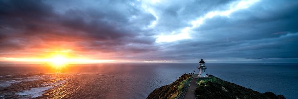 Przylądek Reinga, Cape Reinga Lighthouse, Nowa Zelandia, Cypel, Morze, Skała, Zachód słońca, Latarnia morska, Droga, Northland