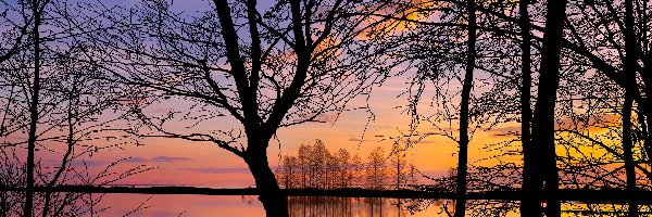 Zachód słońca, Niebo, Pomarańczowe, Drzewa, Jezioro