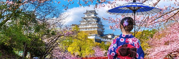 Drzewa, Zamek Białej Czapli, Japonia, Kwitnące, Kobieta, Parasolka, Wiosna, Zamek Himeji, Rzeka, Miejscowość Himeji