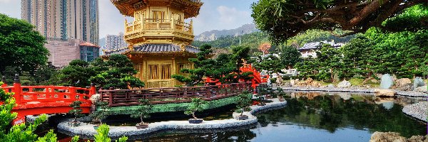 Most, Staw, Ogród, Golden Pavilion Chi Lin Nunnery Temple, Świątynia, Chiny, Hongkong, Chi Lin Nunnery, Diamond Hill