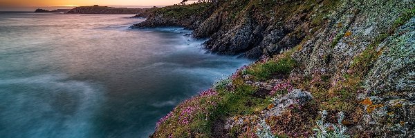 Morze, Bretania, Zachód słońca, Roślinność, Gmina Saint Malo, Wybrzeże, Skały, Francja