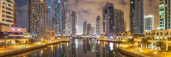 Dzielnica, Rzeka, Zjednoczone Emiraty Arabskie, Dubaj, Dubai Creek, Dubai Marina, Świt, Wieżowce