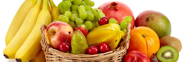 Jabłka, Winogrona, Kiwi, Koszyk, Banany, Owoce