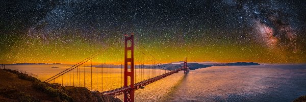 Cieśnina Golden Gate, Golden Gate Bridge, Skały, Stan Kalifornia, Stany Zjednoczone, Droga Mleczna, Gwiazdy, Most, Noc