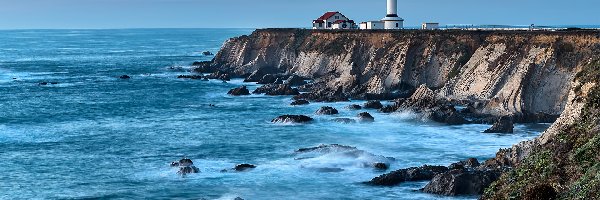 Latarnia morska, Morze, Stany Zjednoczone, Kalifornia, Skały, Point Arena Lighthouse, Hrabstwo Mendocino, Wybrzeże