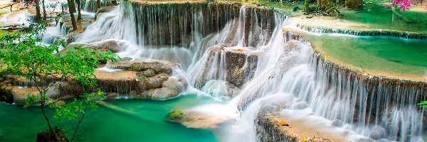 Tajlandia, Kolorowe, Drzewa, Kaskada, Wodospad Erawan, Prowincja Kanchanaburi, Park Narodowy Erawan