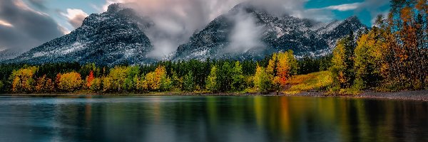 Jesień, Kolorowe, Drzewa, Chmury, Jezioro, Góry