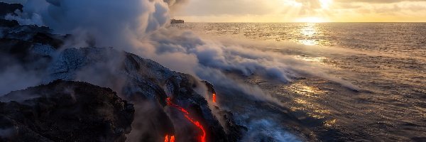 Hawaje, Wulkan, Lawa, Wschód słońca, Morze, Dym, Ogień