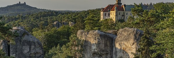 Drzewa, Skały, Czechy, Góry Stołowe, Skalne Miasto, Zamek Hruba Skala, Czeski Raj, Formacje skalne
