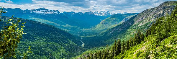Dolina, Las, Stany Zjednoczone, Montana, Drzewa, Chmury, Park Narodowy Glacier, Góry Skaliste