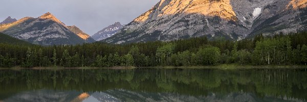 Kanada, Wedge Pond, Drzewa, Jezioro, Góry, Alberta, Odbicie