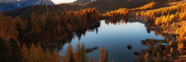 Jesień, Promienie słońca, Jezioro, Drzewa, Alpy, Góry