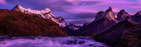 Park Narodowy Torres del Paine, Cordillera del Paine, Chile, Niebo, Torres del Paine, Rzeka, Kolorowe, Góry, Masyw, Patagonia