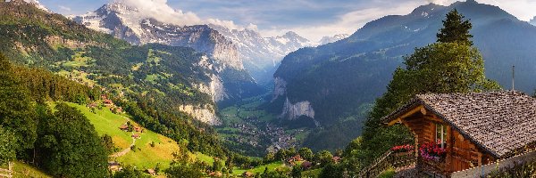 Dolina, Góry, Ogrodzenie, Drzewa, Alpy, Lauterbrunnental, Domy, Szwajcaria