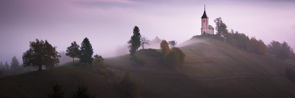 Słowenia, Wzgórze, Góry, Mgła, Kościół św Primusa i Felicjana, Wieś Jamnik, Drzewa