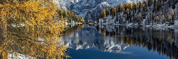 Drzewa, Jezioro, Włochy, Zima, Lago delle Malghette, Dom, Odbicie, Góry