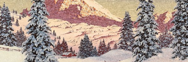 Zima, Alois Arnegger, Góry, Obraz, Malarstwo, Domy, Drzewa