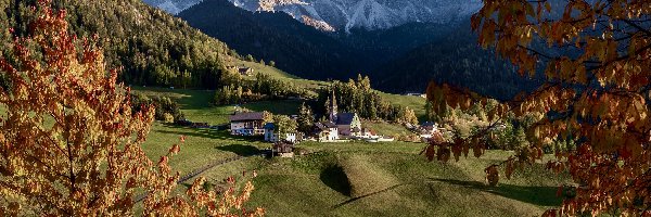 Dolina Val di Funes, Domy, Wieś Santa Maddalena, Dolomity, Góry, Włochy, Jesień, Kościół, Drzewa