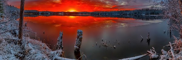 Zachód słońca, Zima, Jezioro