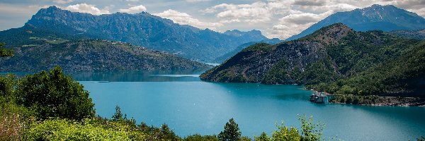 Alpy, Zbiornik, Góry, Roślinność, Francja, Jezioro Serre Poncon