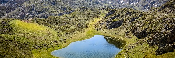 Jezioro, Góry, Rezerwat przyrody, Asturia, Hiszpania, Niebo, Łąka, Somiedo Natural Park, Trawa